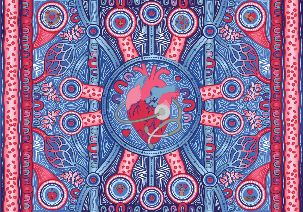 The artwork depicts a heart, surrounded by veins, arteries, blood cells and icons relating to Aboriginal and Torres Strait Islander people.